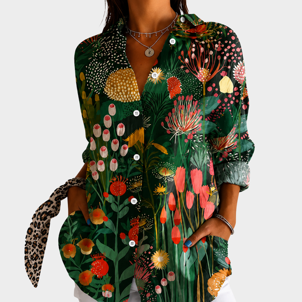 Natália - Blusa com Estampa Botânica de Jardim e Botões
