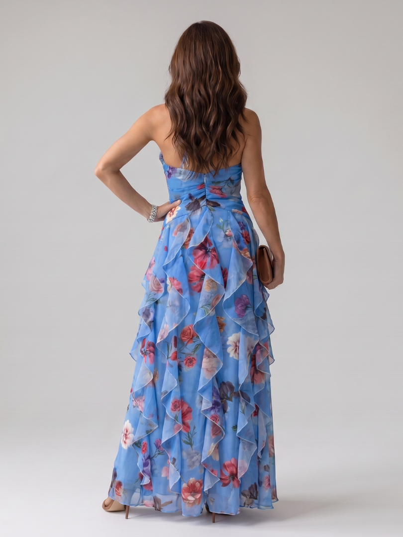 Nori - Vestido Longo Floral Frente Única com Busto Franzido