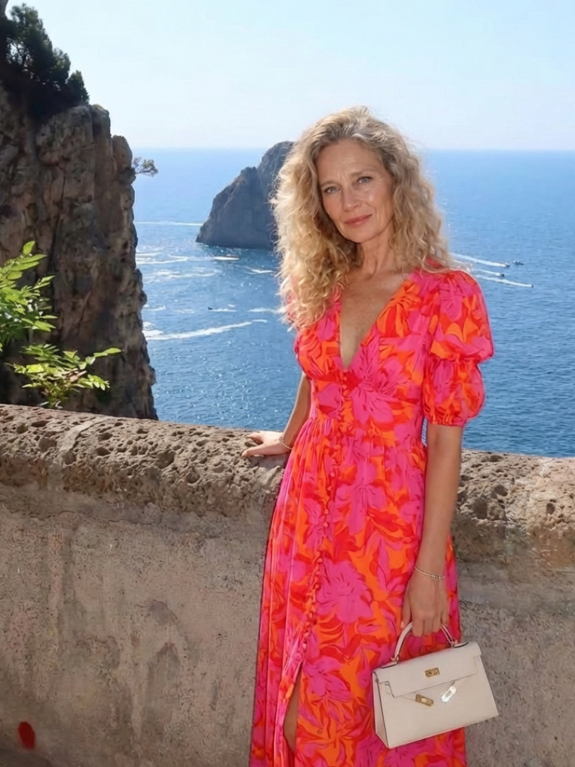 Raquel - Vestido Midi Floral com Decote V e Manga Bufante