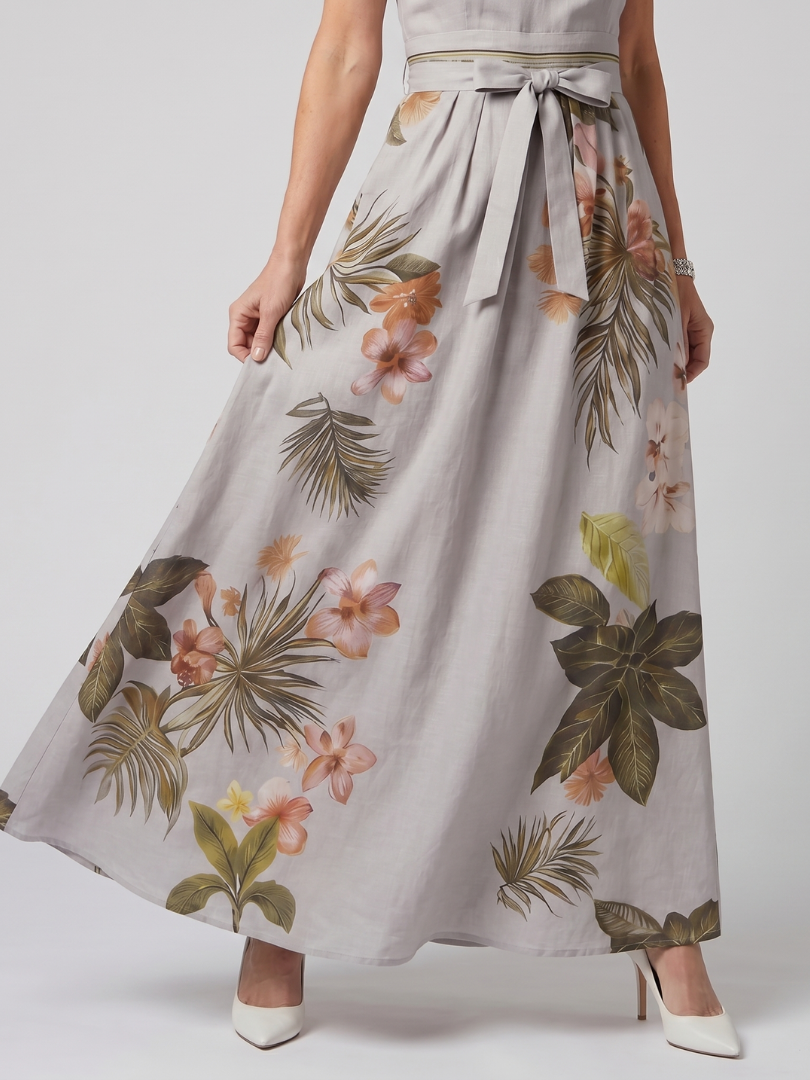 Meadow - Vestido Longo Frente Única Drapeado com Estampa Botânica
