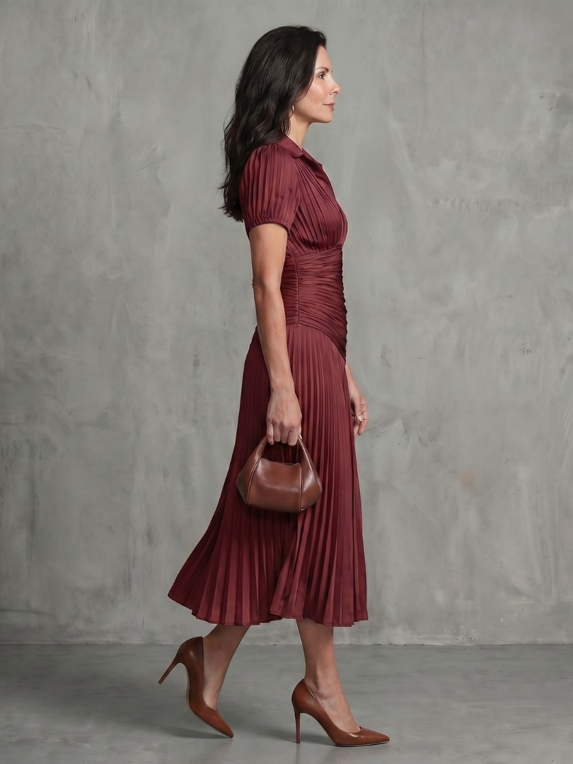 Bianca - Vestido Midi Listrado com Cintura Plissada