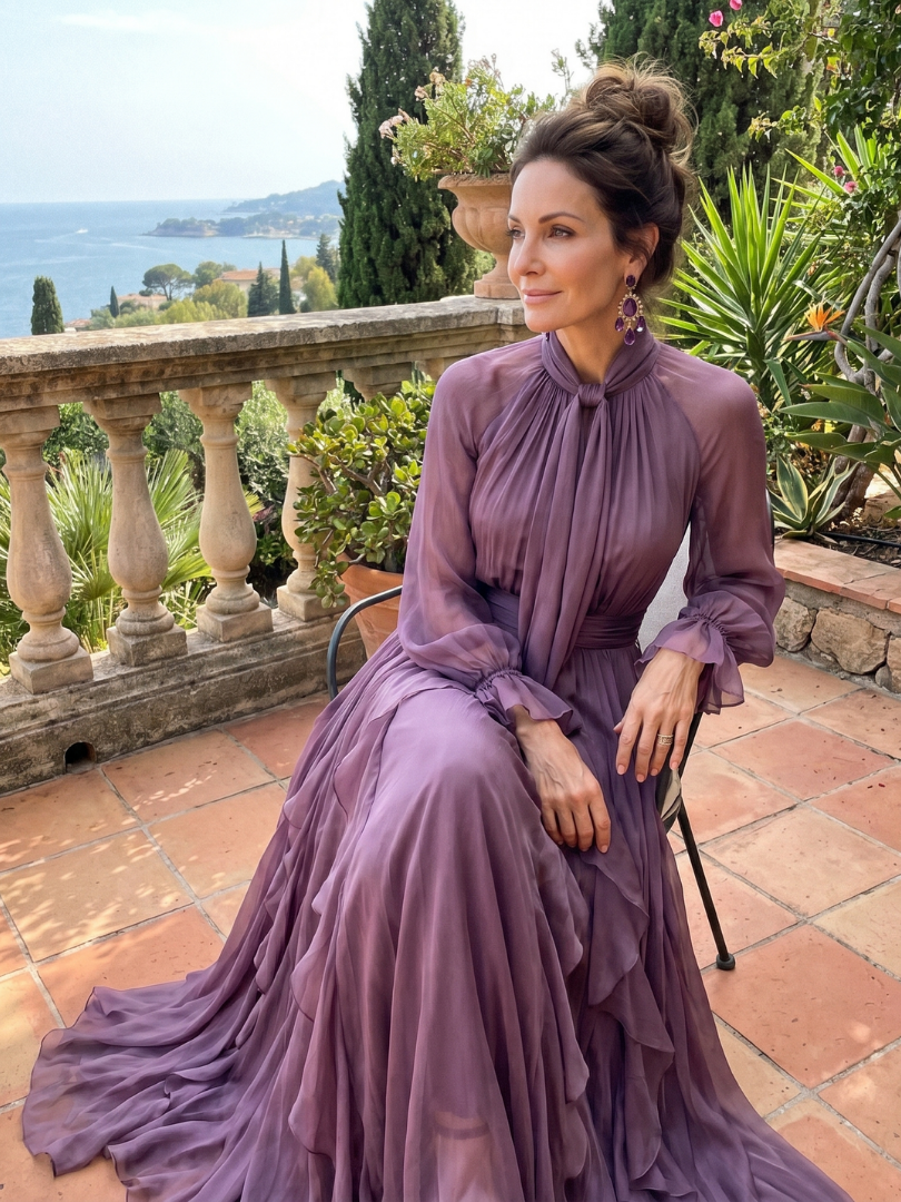 Demetria - Vestido Longo em Camadas com Babados e Laço