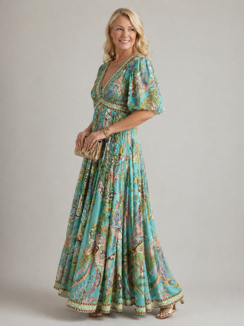 Alana - Vestido Longo Leve com Mangas Bufantes e Decote V