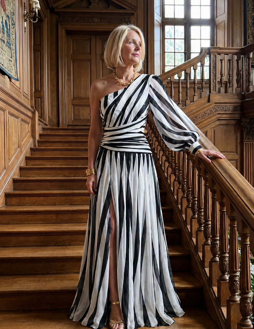 Eloá - Vestido Longo Listrado de Um Ombro Só