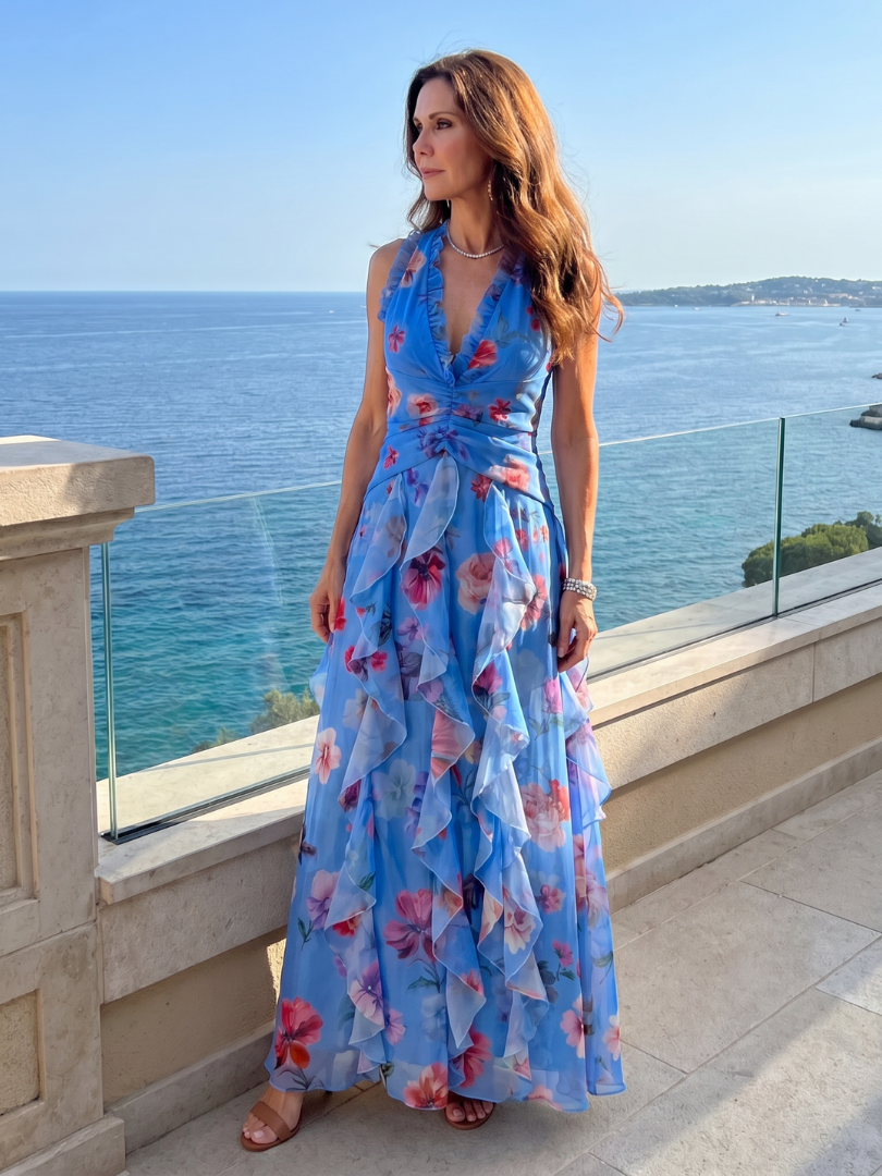 Nori - Vestido Longo Floral Frente Única com Busto Franzido
