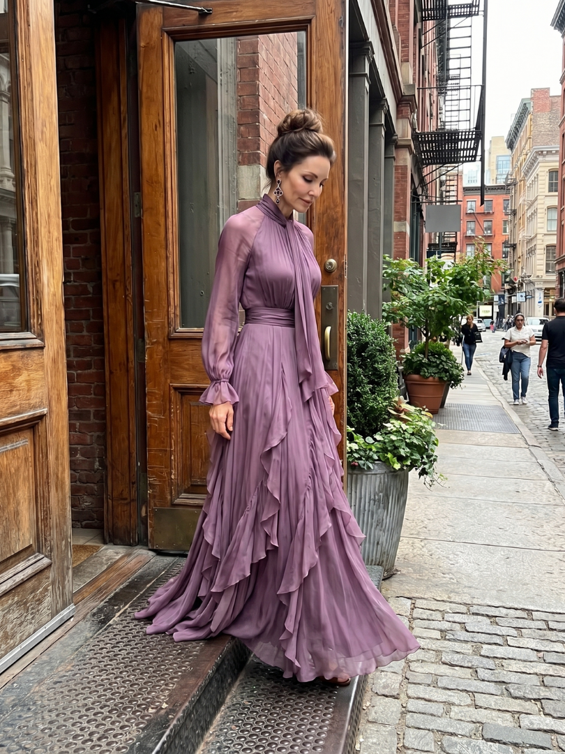 Demetria - Vestido Longo em Camadas com Babados e Laço