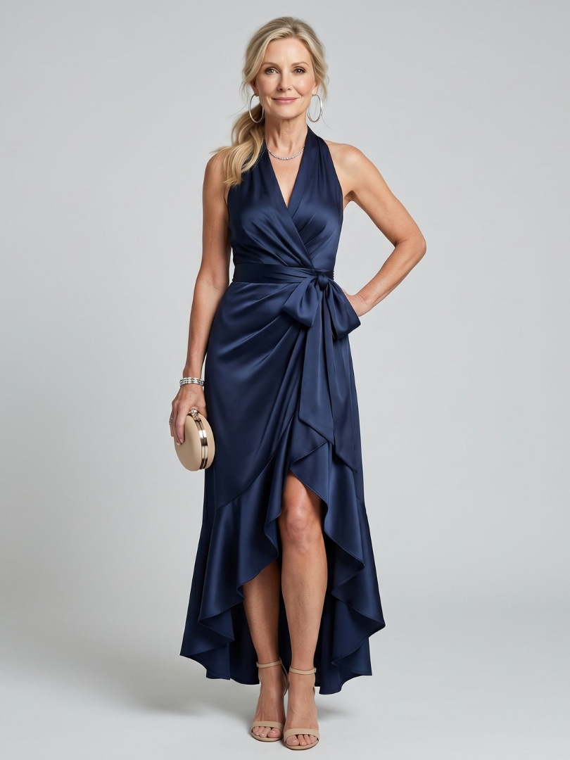 Honora - Vestido Midi Frente Única Envelope com Barra Assimétrica