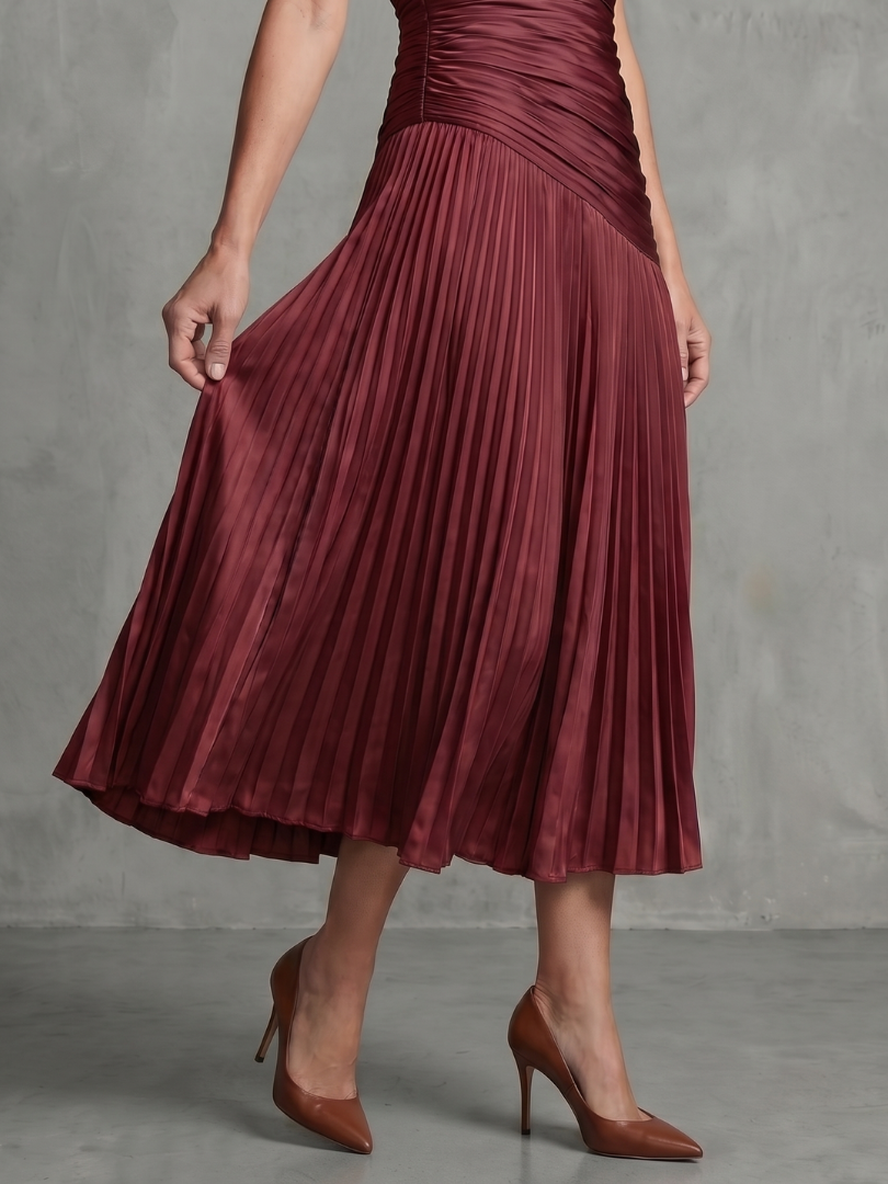 Theodora - Vestido Midi Listrado com Cintura Plissada