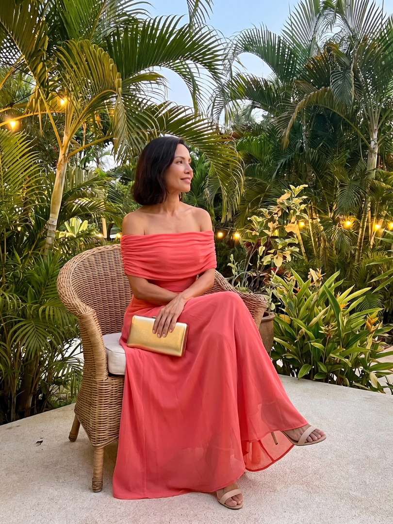 June - Vestido Midi Ombro a Ombro Drapeado
