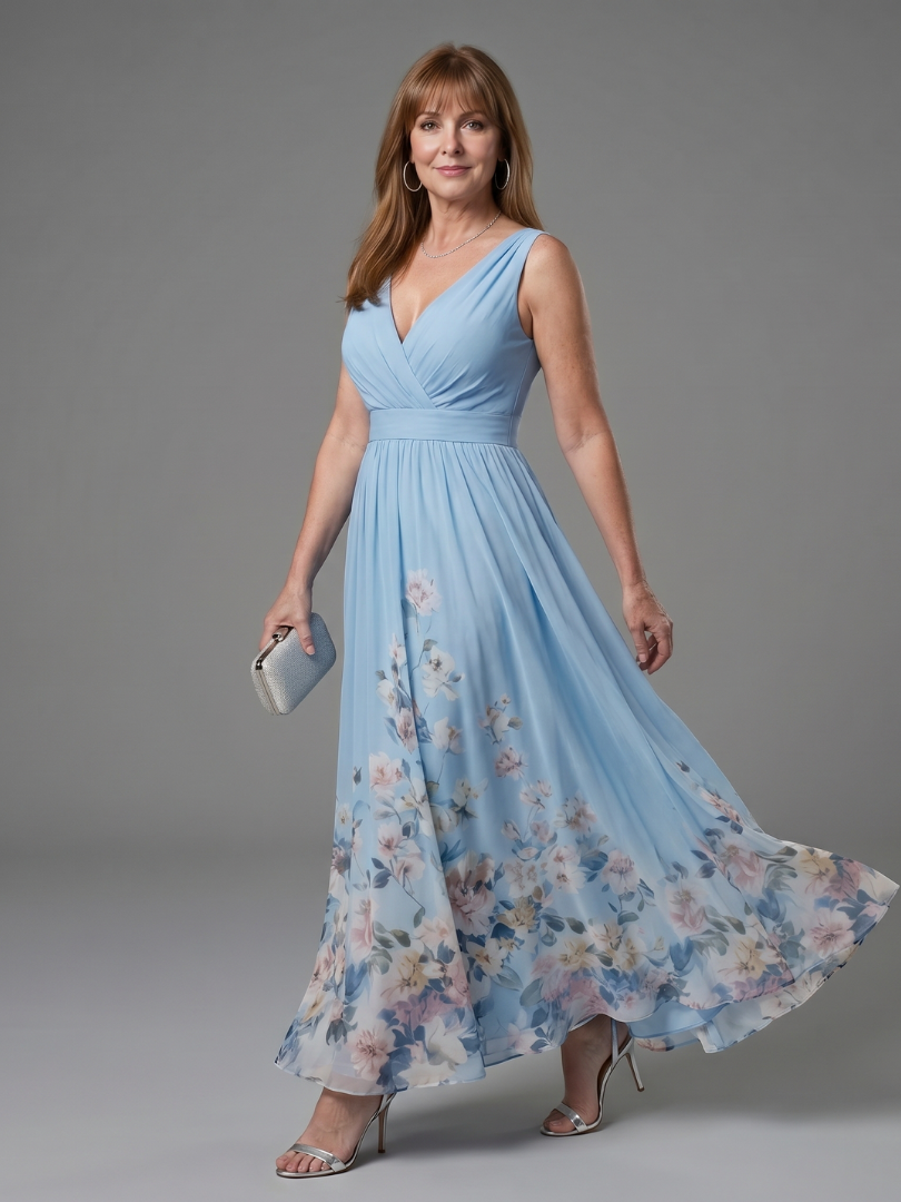 Clarissa - Vestido Midi Sem Mangas com Decote V e Barra Floral