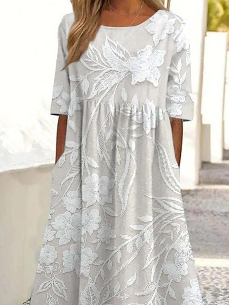 Delilah - Vestido Midi Decote Redondo Floral Tom Sobre Tom