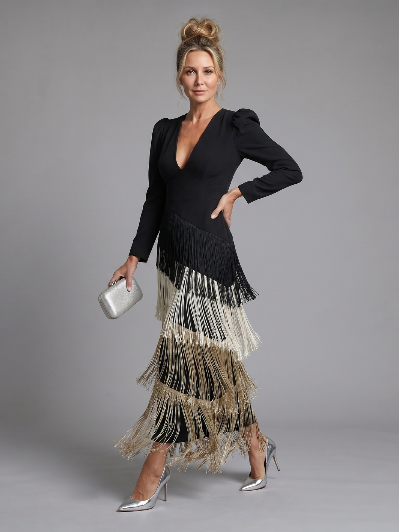 Samara - Vestido Midi de Manga Longa com Franjas