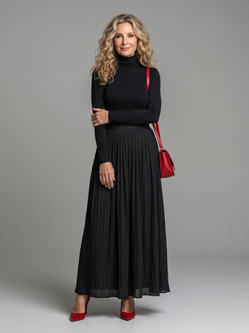 Lana - Vestido Midi de Manga Longa com Gola Alta e Cintura Marcada