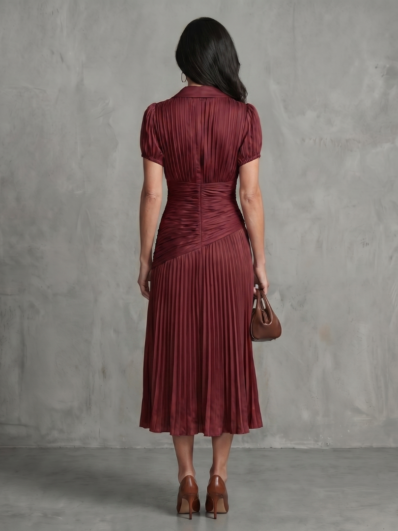 Theodora - Vestido Midi Listrado com Cintura Plissada