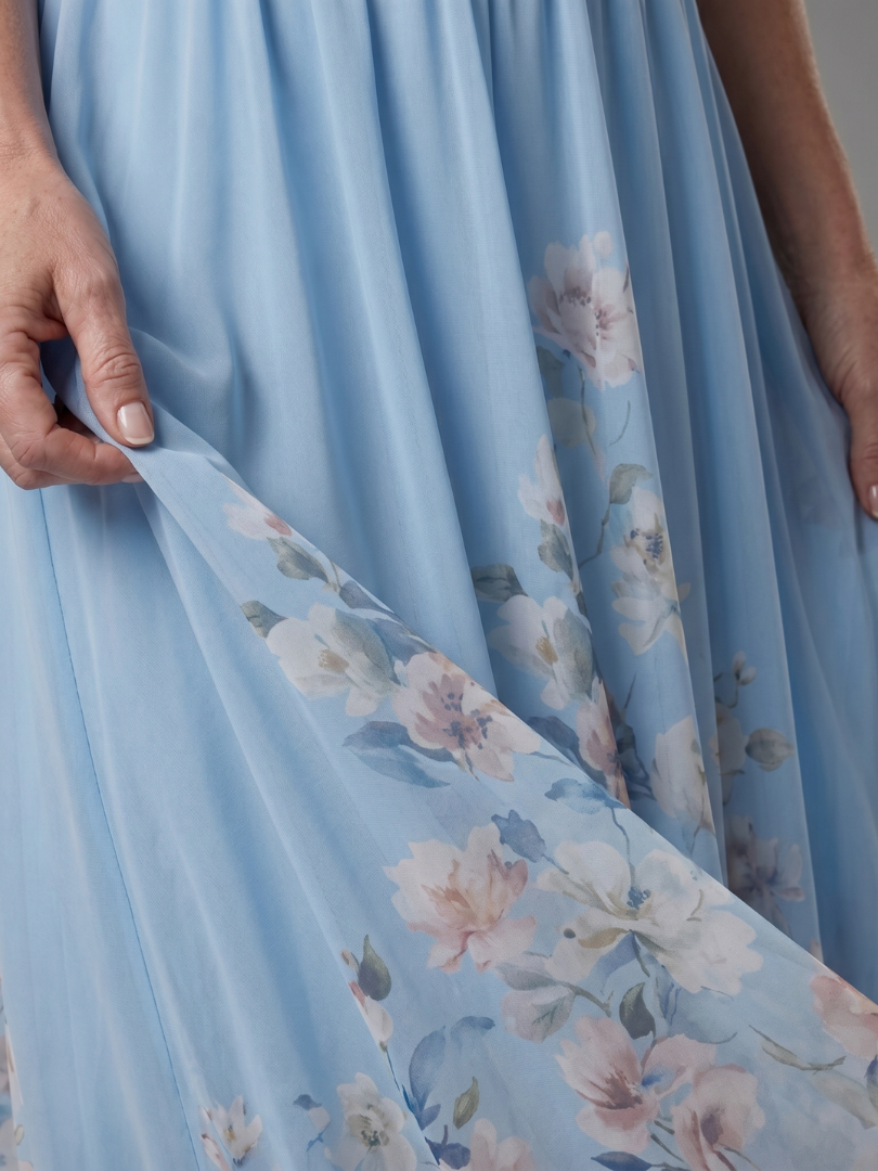 Clarissa - Vestido Midi Sem Mangas com Decote V e Barra Floral