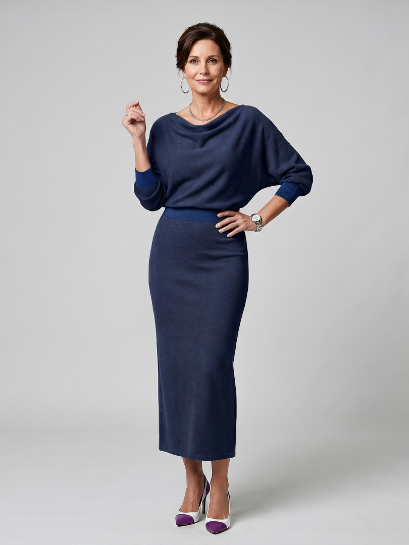 Romy - Vestido Midi com Decote Drapeado e Saia Ajustada