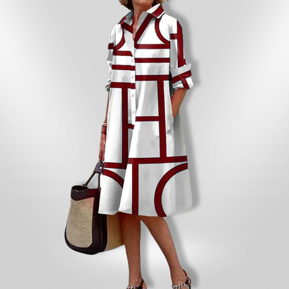 Genesis - Vestido Midi Chemise Estampa Geométrica com Bolsos