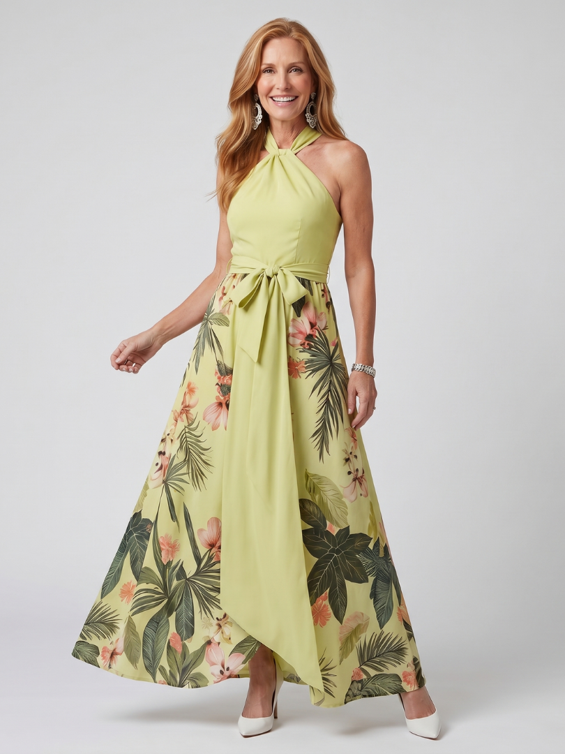Meadow - Vestido Longo Frente Única Drapeado com Estampa Botânica
