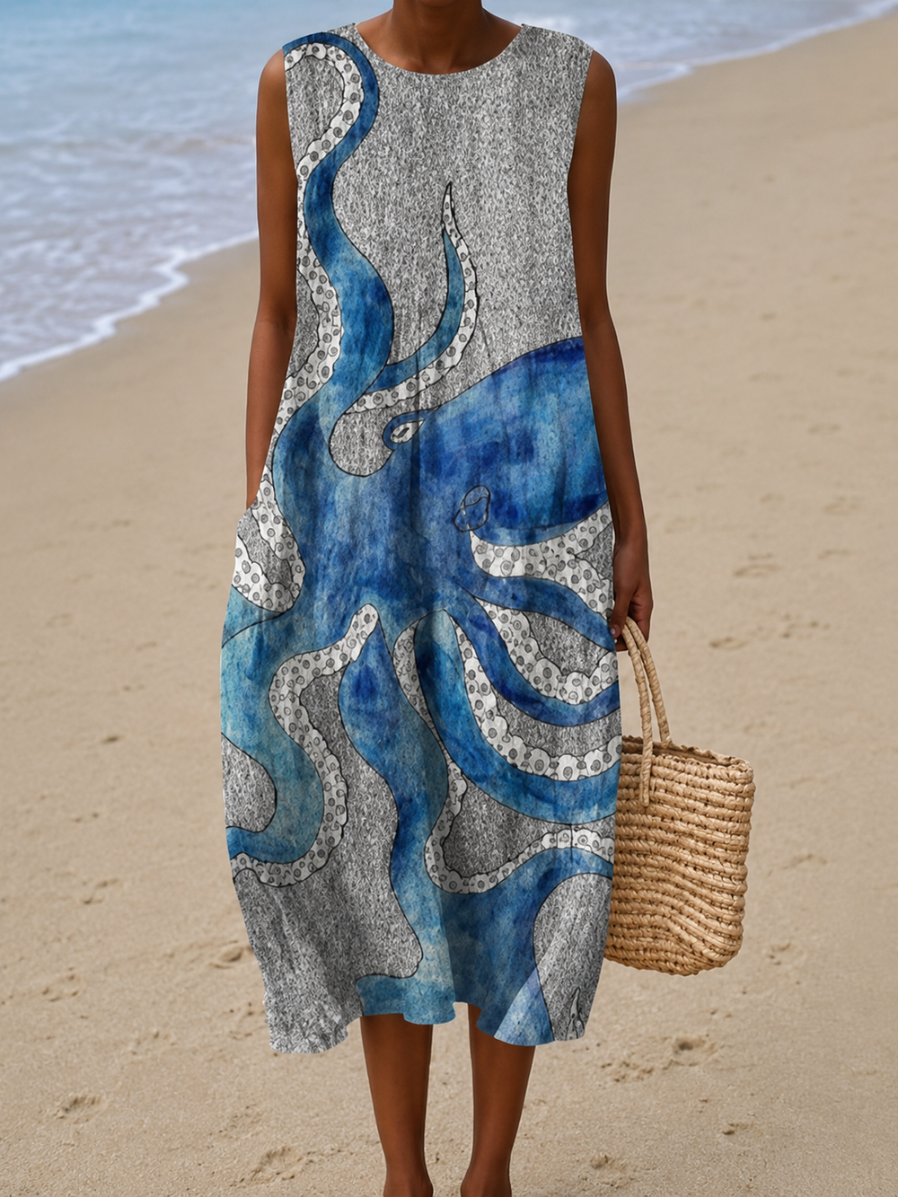 Caroline - Vestido Midi de Praia Estampado Sem Mangas
