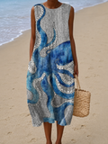 Caroline - Vestido Midi de Praia Estampado Sem Mangas