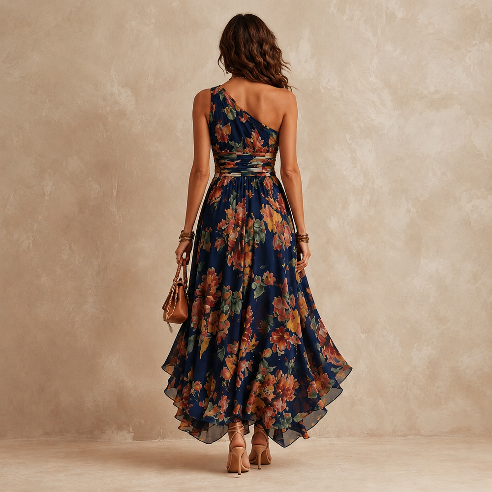 Celeste - Vestido Longo Floral de Um Ombro Só