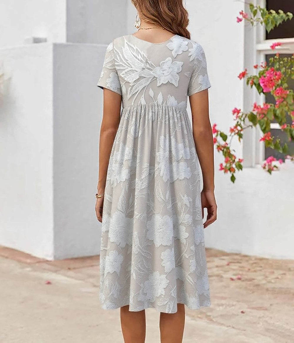 Delilah - Vestido Midi Decote Redondo Floral Tom Sobre Tom
