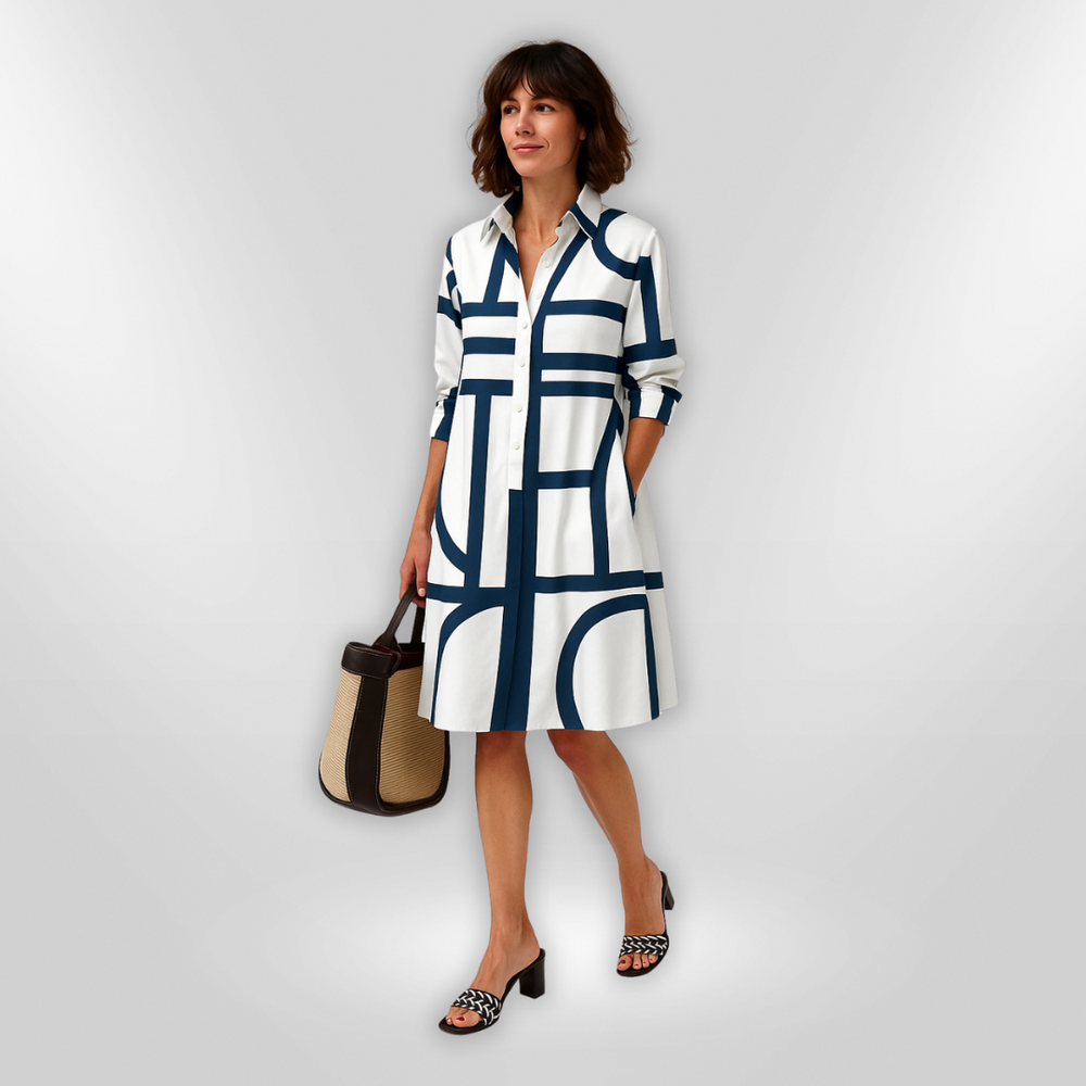 Genesis - Vestido Midi Chemise Estampa Geométrica com Bolsos