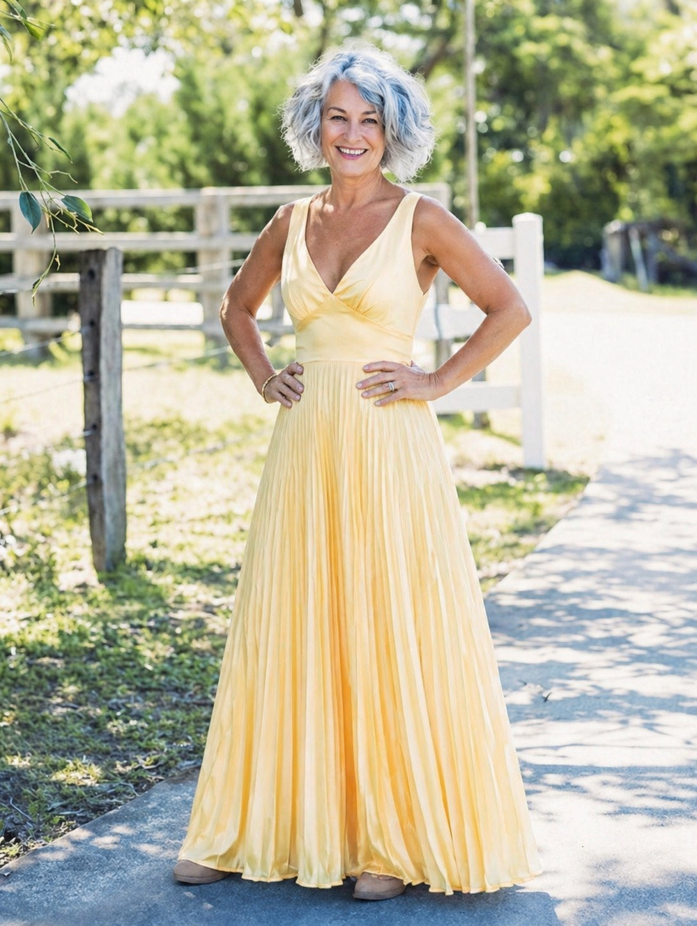 Camila - Vestido Longo Plissado com Decote V