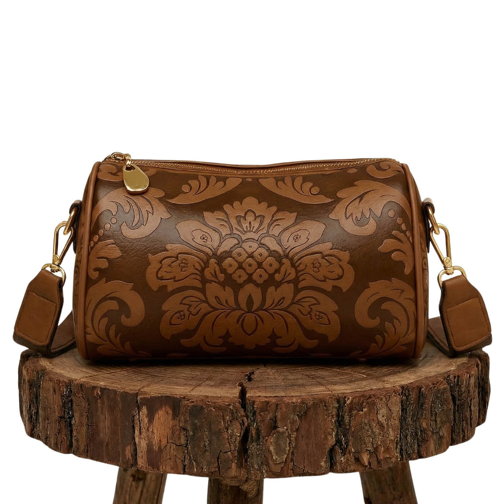 Raquel - Bolsa de Ombro Cilíndrica com Relevo Arabesco