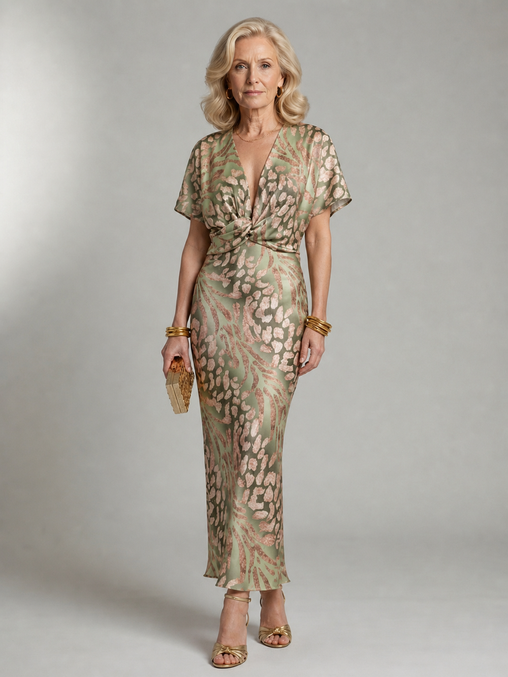 Aline - Vestido Midi Estampado com Decote V e Cintura Torcida