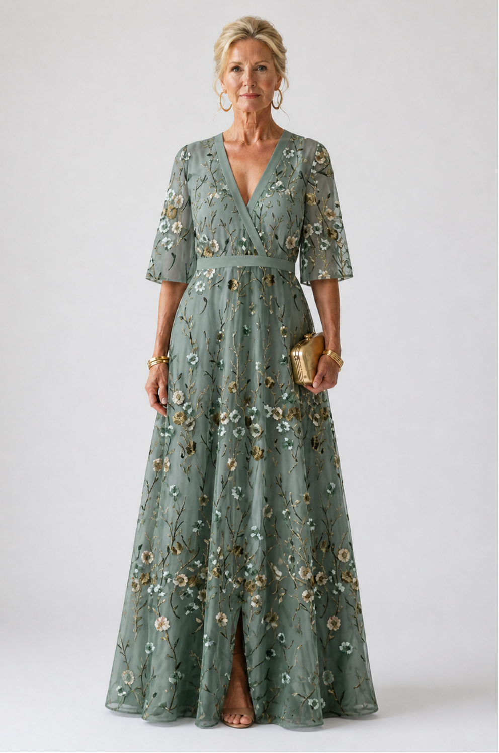 Alícia - Vestido Longo Floral com Decote V e Manga Curta