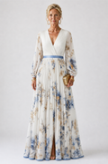 Bruna - Vestido Longo Floral de Manga Longa com Decote V