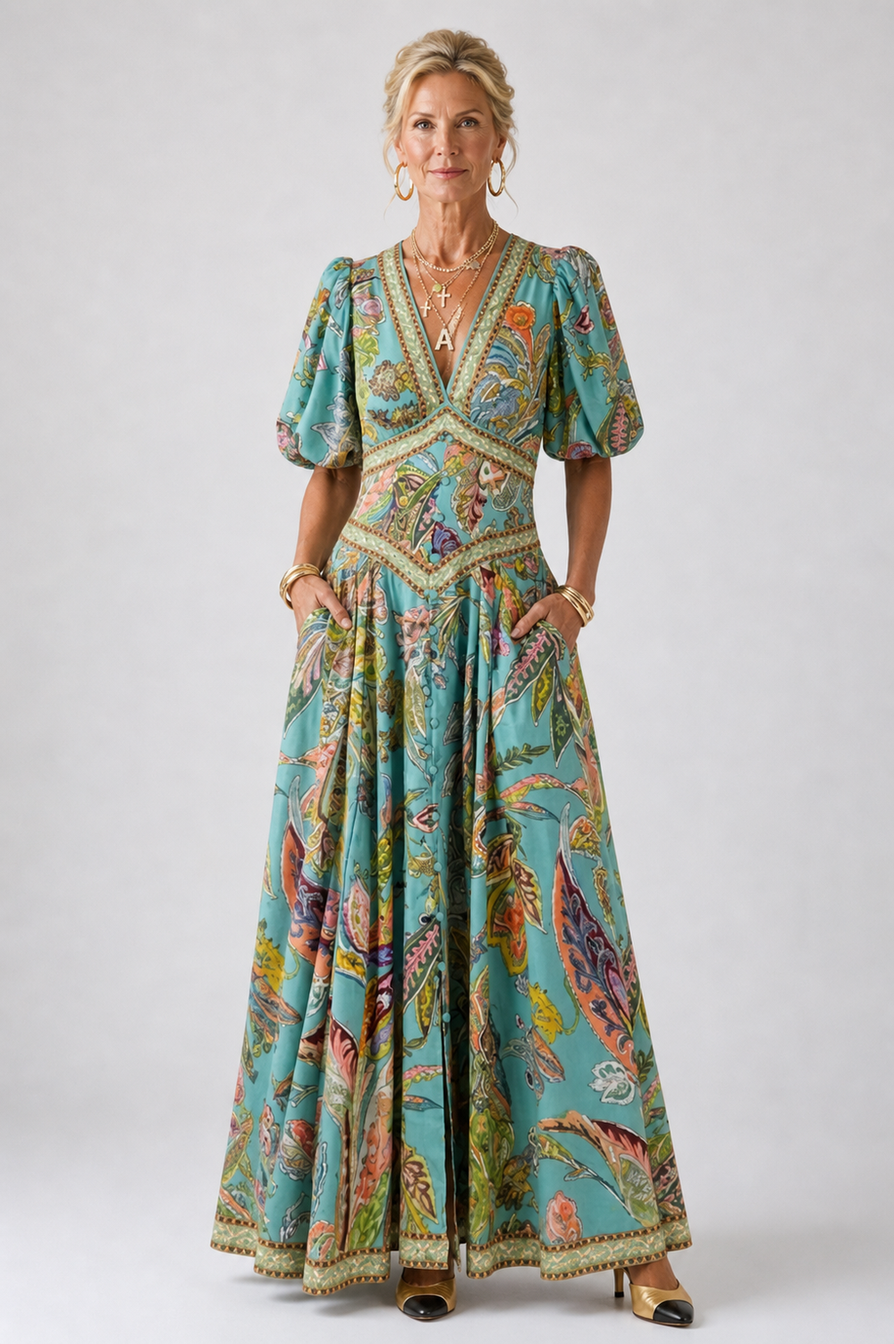 Alana - Vestido Longo Leve com Mangas Bufantes e Decote V