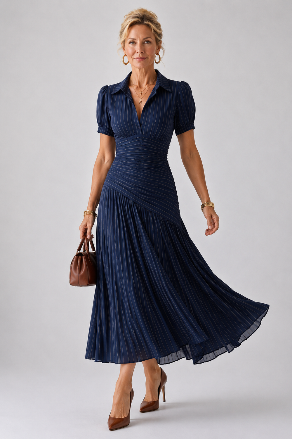 Andressa - Vestido Midi Listrado com Cintura Plissada