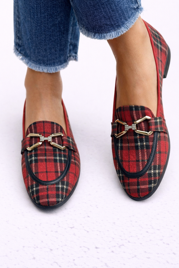 Rowan - Mocassim Xadrez com Fivela de Strass
