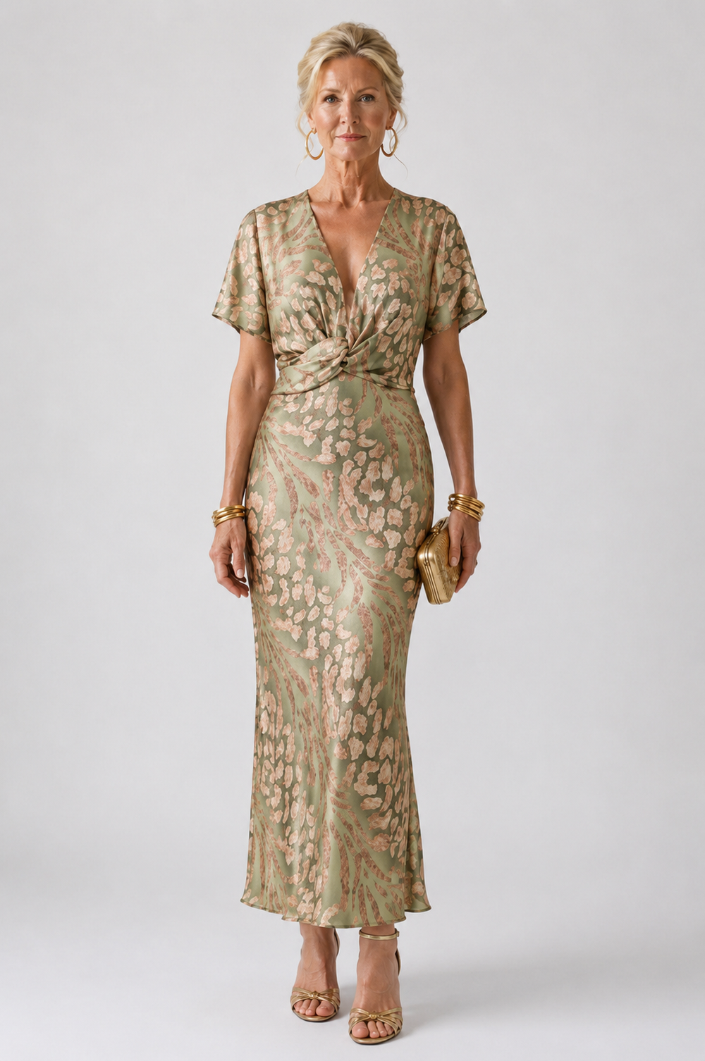 Aline - Vestido Midi Estampado com Decote V e Cintura Torcida