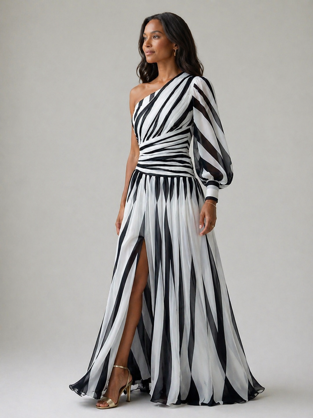 Eloá - Vestido Longo Listrado de Um Ombro Só