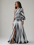 Eloá - Vestido Longo Listrado de Um Ombro Só