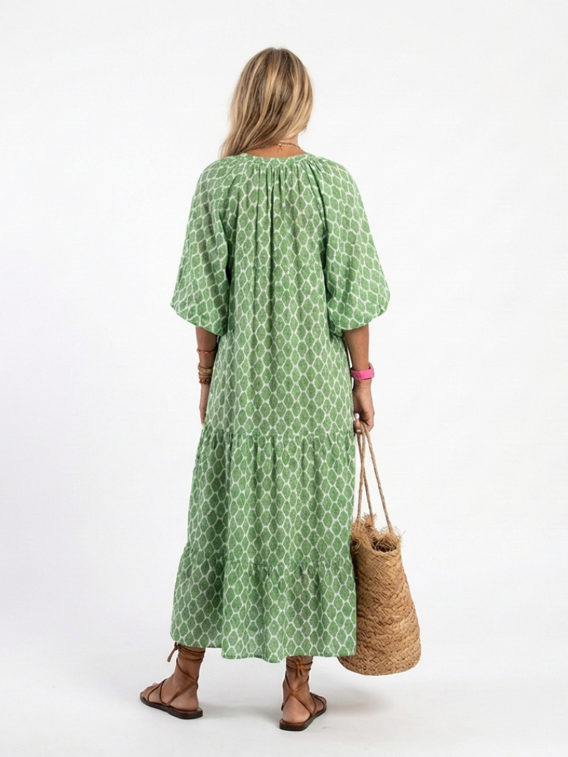 Apolline - Vestido Midi Estampado com Decote V e Manga 3/4