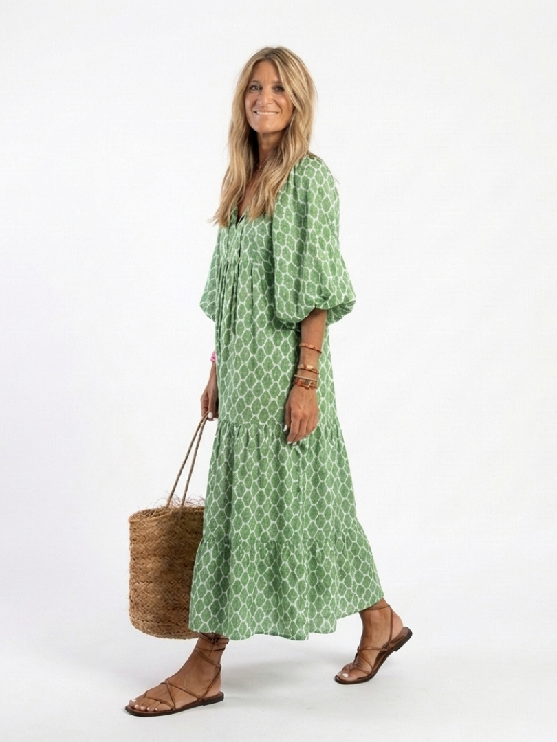 Apolline - Vestido Midi Estampado com Decote V e Manga 3/4