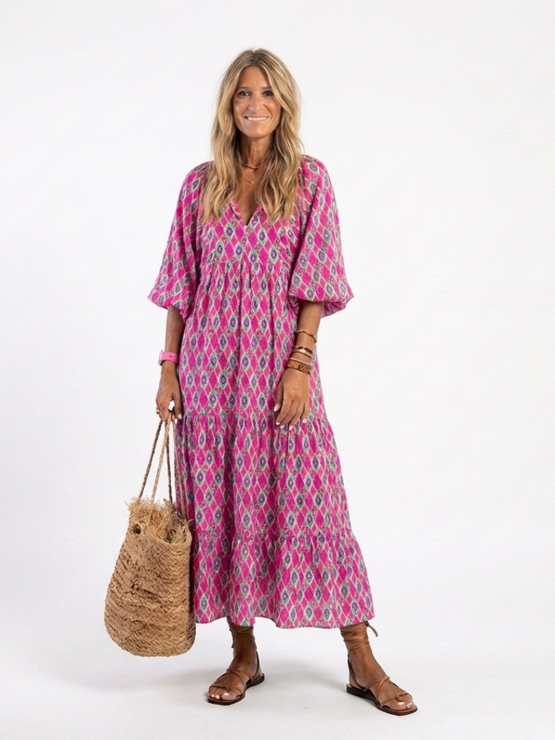 Apolline - Vestido Midi Estampado com Decote V e Manga 3/4