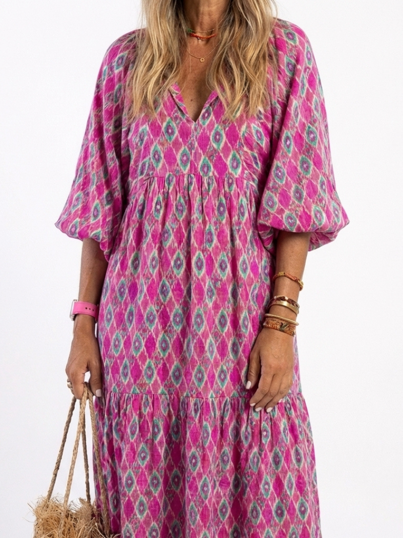 Apolline - Vestido Midi Estampado com Decote V e Manga 3/4