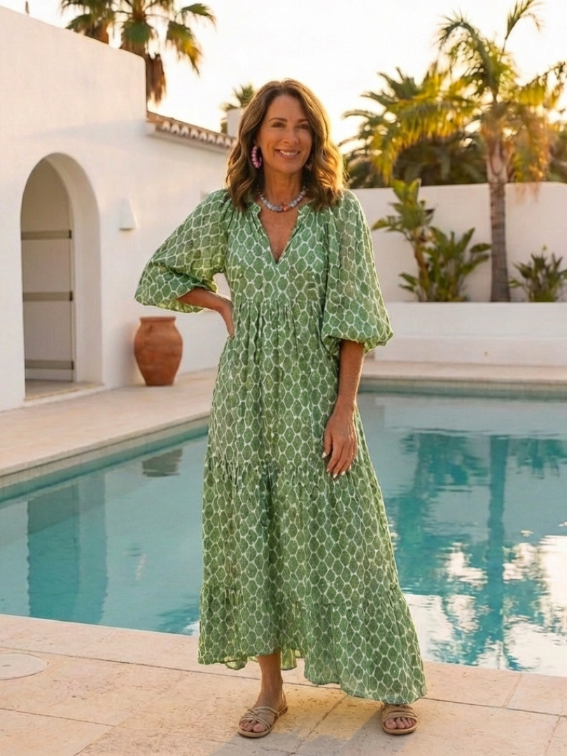 Apolline - Vestido Midi Estampado com Decote V e Manga 3/4
