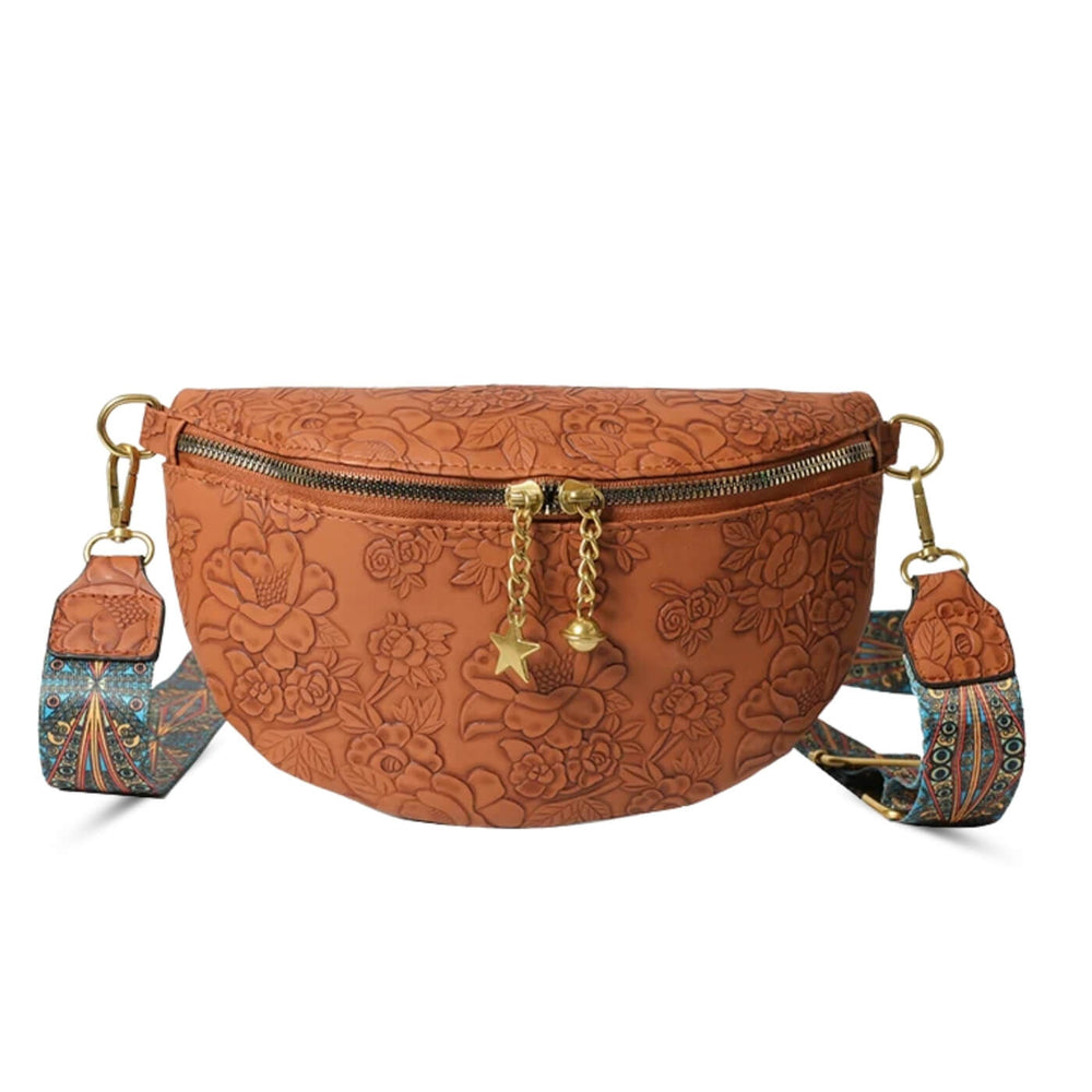 Rosana - Bolsa Transversal Meia-Lua com Relevo Floral