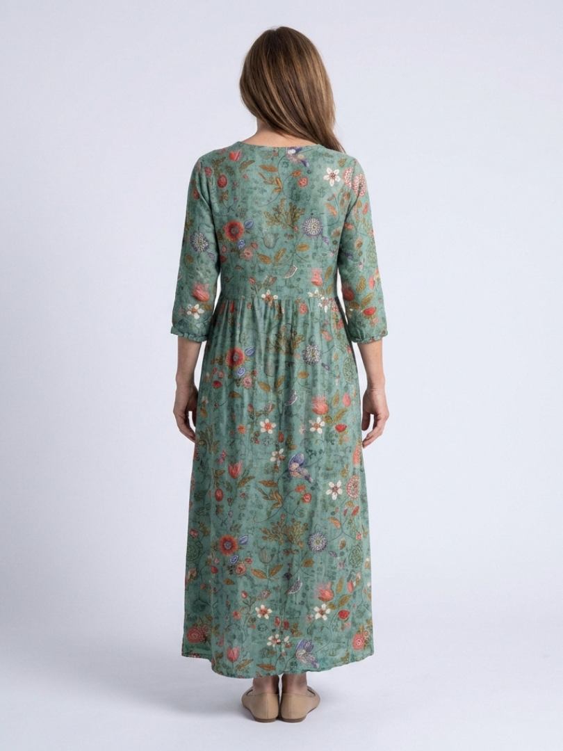 Marina - Vestido Longo Floral com Decote V e Manga 3/4