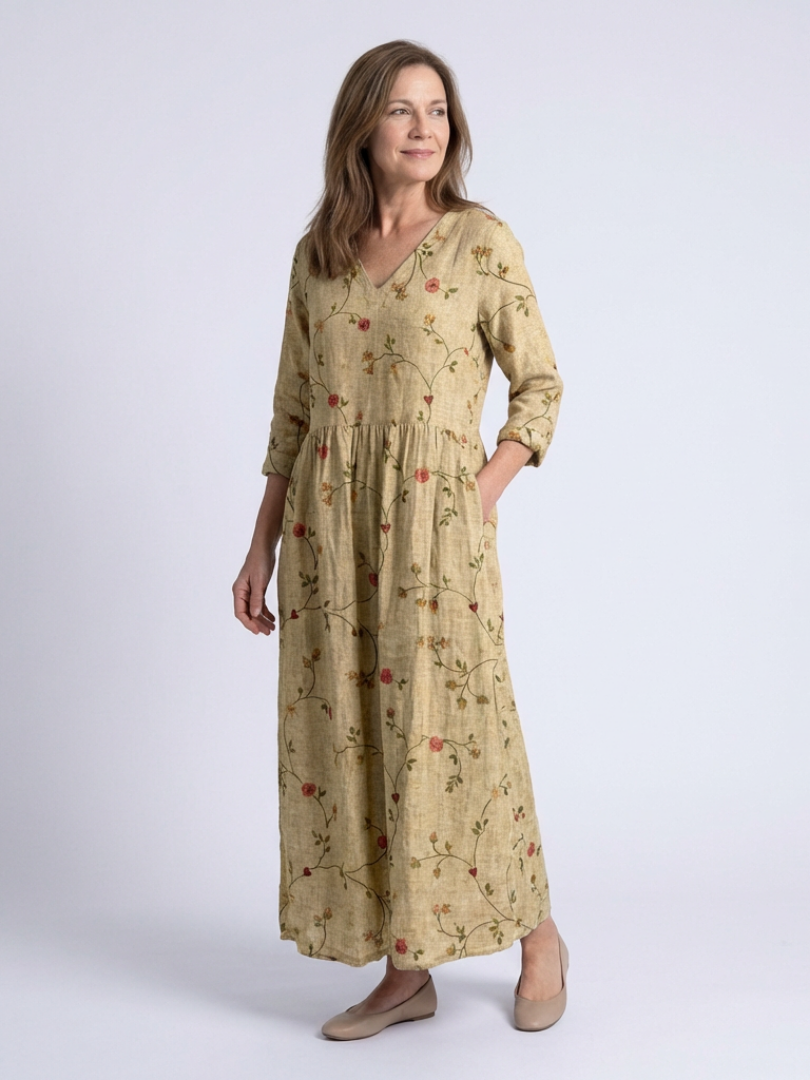 Marina - Vestido Longo Floral com Decote V e Manga 3/4