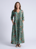 Marina - Vestido Longo Floral com Decote V e Manga 3/4