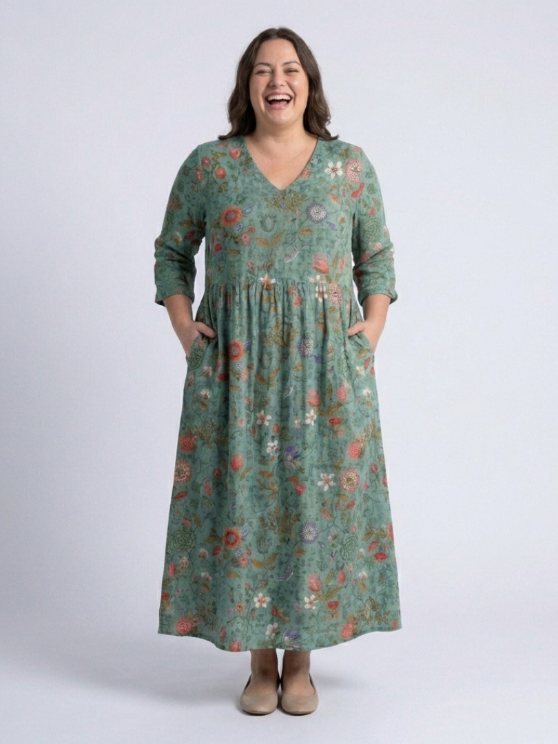 Marina - Vestido Longo Floral com Decote V e Manga 3/4