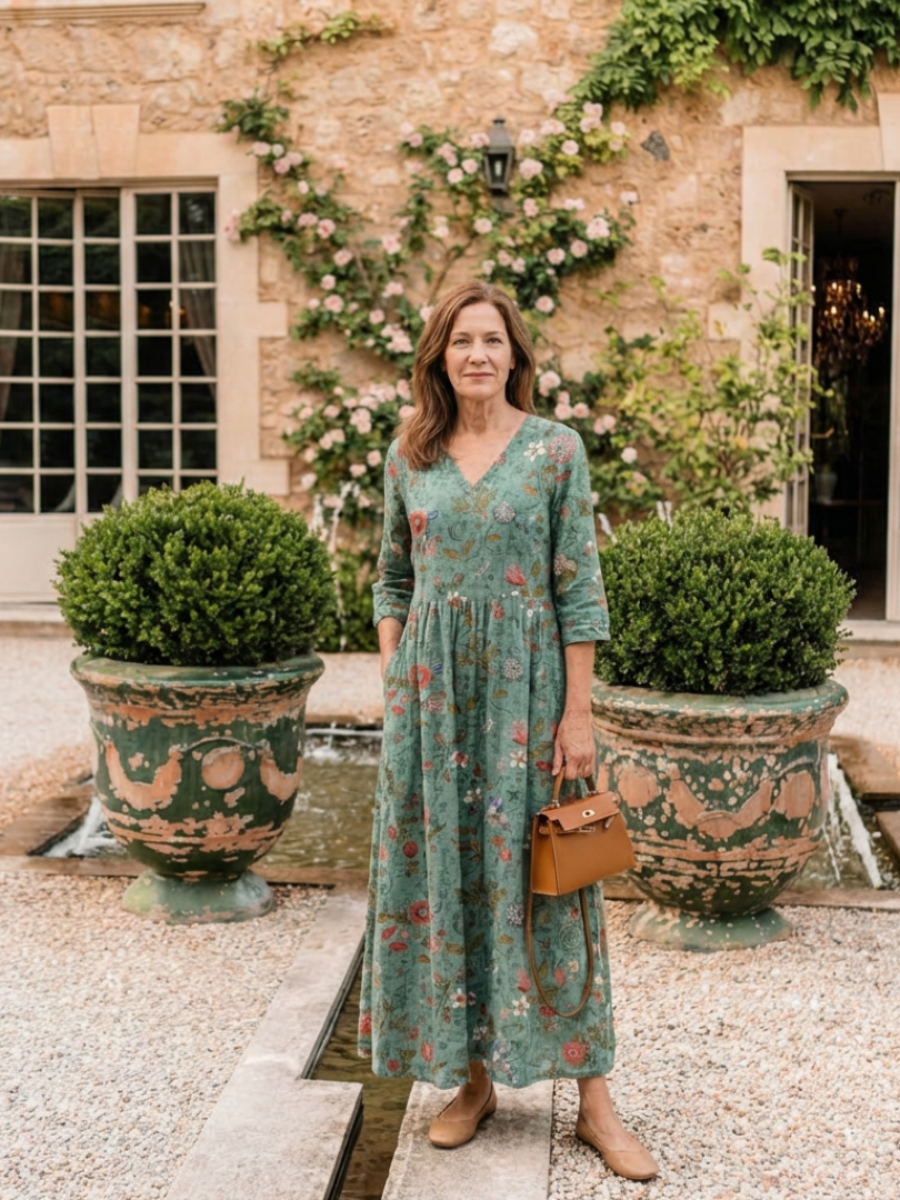 Marina - Vestido Longo Floral com Decote V e Manga 3/4