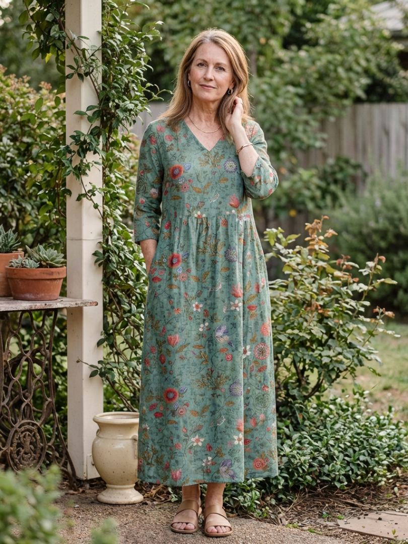 Marina - Vestido Longo Floral com Decote V e Manga 3/4